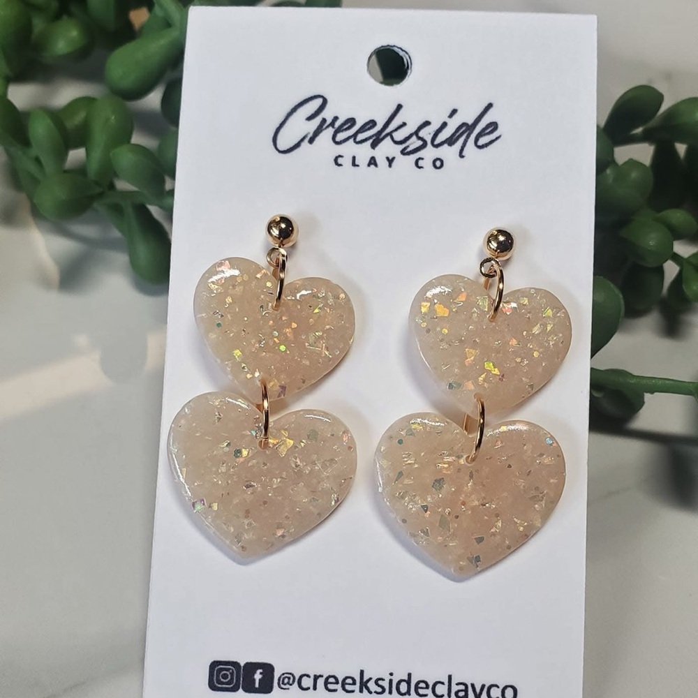 Heart Earrings - Gold Glitter and Cream colored, Hypoallergenic